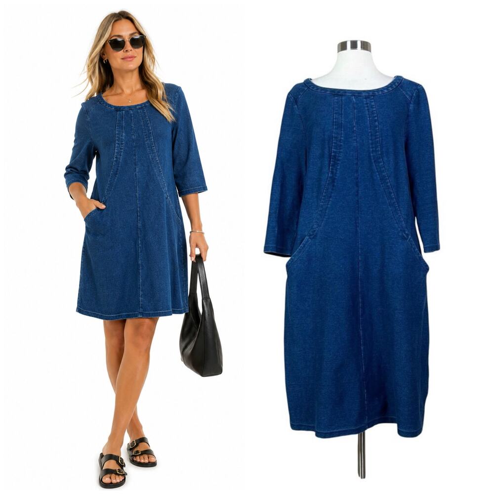 Boden | Hannah Denim Stretch 3/4 Sleeve Pocket Stretch Sheath Plus Size Dress 14
